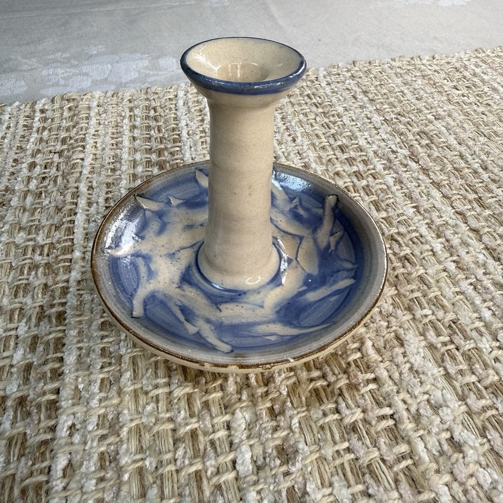 Handmade Art Pottery Candlestick Holder Blue White Glaze